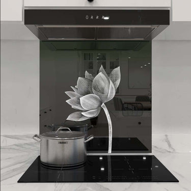 Bespoke decorative glass splashback with lotus flower design in modern kitchen