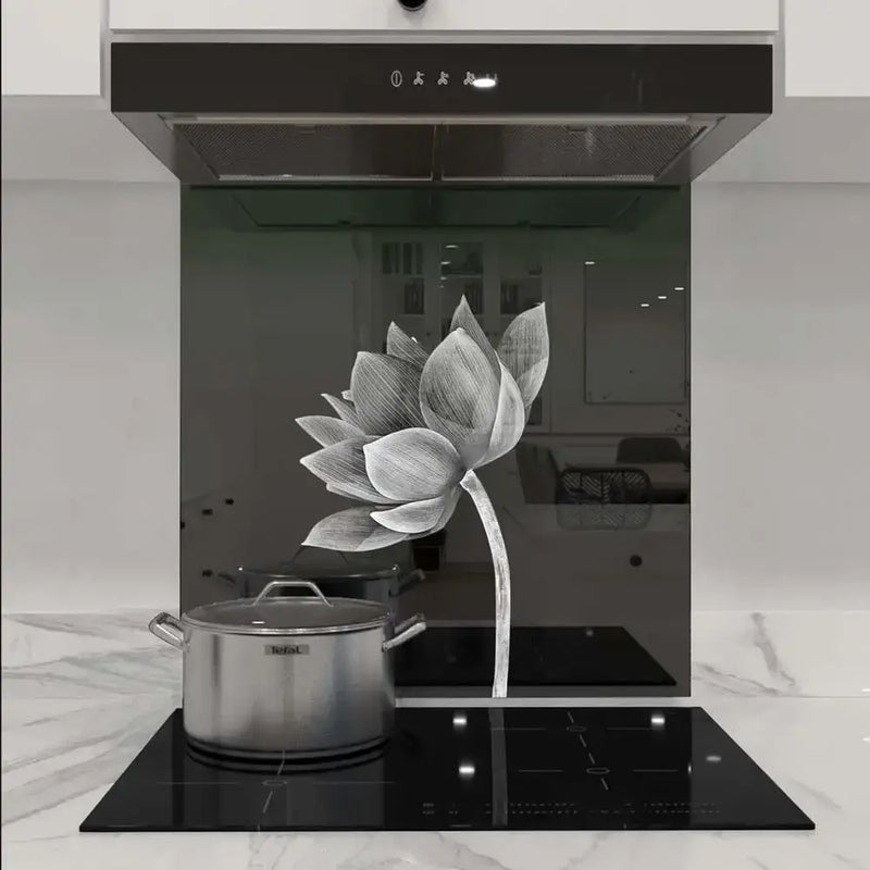 Bespoke decorative glass splashback with lotus flower design in modern kitchen