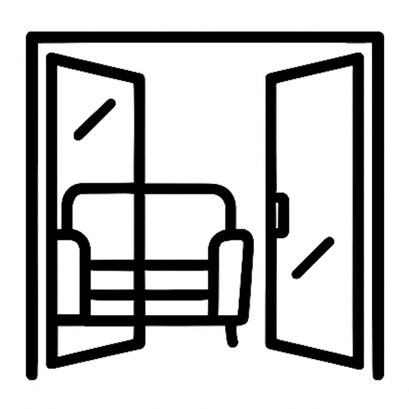 Icon of a chair inside a house with open doors