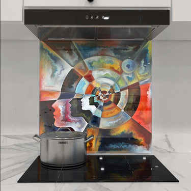 Bespoke decorative glass splashback with abstract art design in modern kitchen
