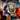 Abstract art featuring layered profiles and vibrant, swirling colors in a geometric composition.