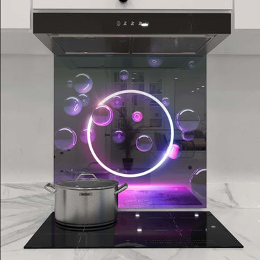 LED backlit glass kitchen splashback with glowing bubble design, modern luxury home decor