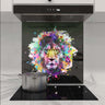Colorful lion art glass splashback in modern kitchen, decorative glass feature for luxury interiors