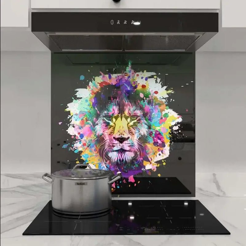 Colorful lion art glass splashback in modern kitchen, decorative glass feature for luxury interiors