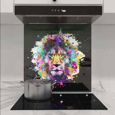 Colorful lion art glass splashback in modern kitchen, decorative glass feature for luxury interiors