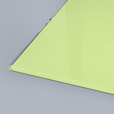 Lime green architectural glass panel with polished edge, ideal for bespoke interior design and decorative glass features.