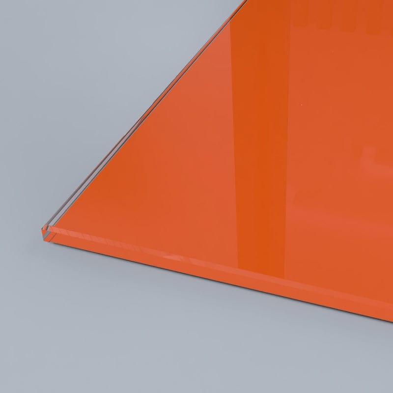 Vibrant orange architectural glass panel with sleek edge detail for modern interiors