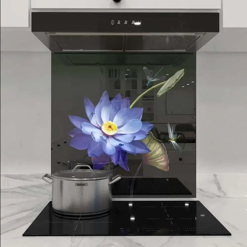 Bespoke kitchen glass splashback with blue lotus flower and dragonflies, modern luxury design