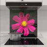 Vibrant pink flower printed on custom kitchen glass splashback, modern luxury interior design