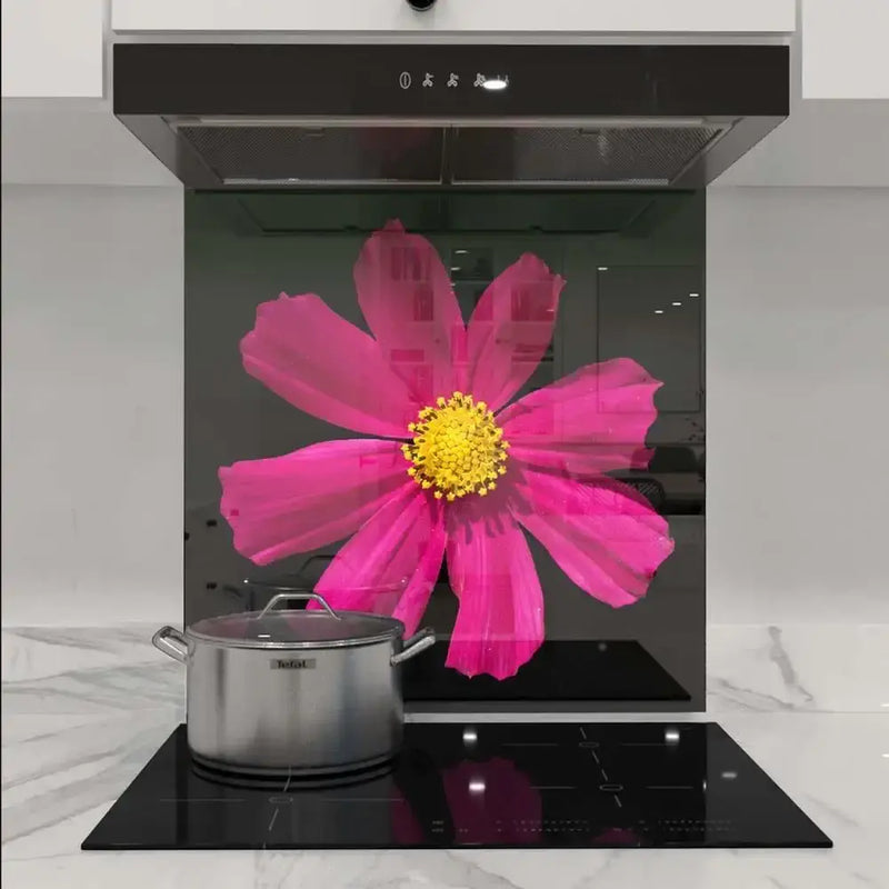 Vibrant pink flower printed on custom kitchen glass splashback, modern luxury interior design