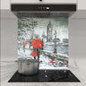 Bespoke kitchen glass splashback with London Big Ben artwork, red umbrellas, modern cooktop
