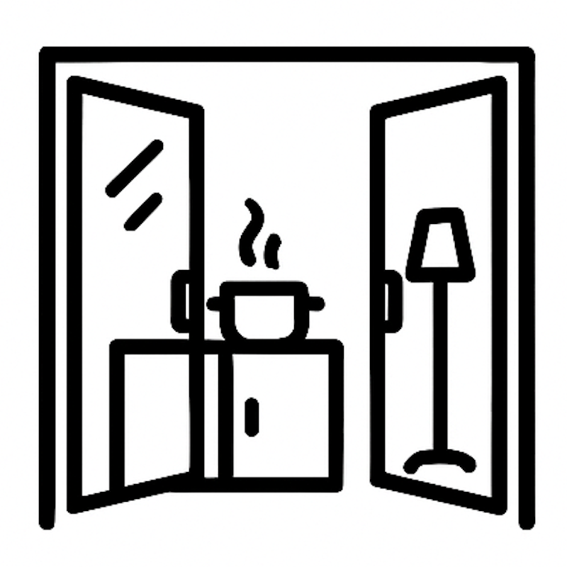 Icon of a room with an open door, showing a pot on a stove and a lamp.