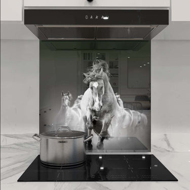 Bespoke kitchen glass splashback with galloping horse print, modern induction hob, marble worktop