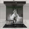 Bespoke kitchen glass splashback with galloping horse print, modern induction hob, marble worktop