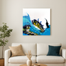 Abstract wall art with blue, white, black, and yellow colors above beige sofa in modern living room