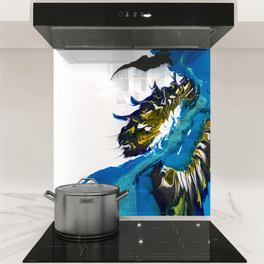 Modern kitchen stovetop with stainless steel pot and colorful blue, yellow, black, and white abstract backsplash
