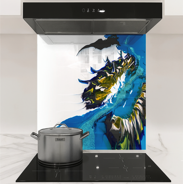 Modern kitchen stovetop with stainless steel pot and colorful blue, yellow, black, and white abstract backsplash