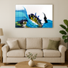 Modern living room with beige sofa, wooden coffee table, abstract blue and green wall art