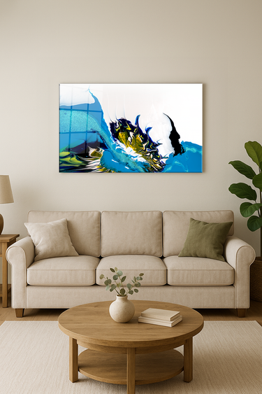 Modern living room with beige sofa, wooden coffee table, abstract blue and green wall art