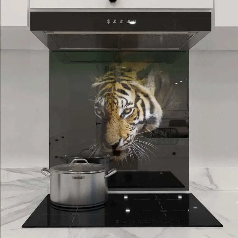 Bespoke kitchen glass splashback with tiger print, modern luxury decor