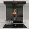 Custom kitchen glass splashback with Halloween dog graphic, modern induction cooktop, sleek range hood