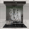 Bespoke kitchen splashback with striking tiger print, modern glass design for luxury interiors