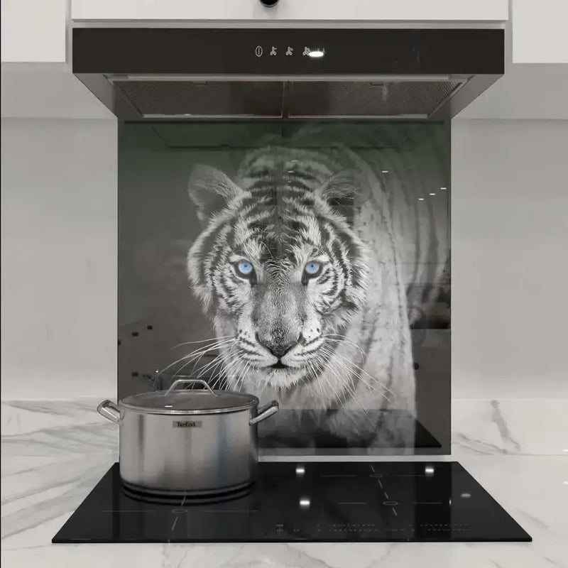 Bespoke kitchen splashback with striking tiger print, modern glass design for luxury interiors