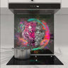 Vibrant tiger art glass splashback with mechanical gears, perfect for modern kitchen decor