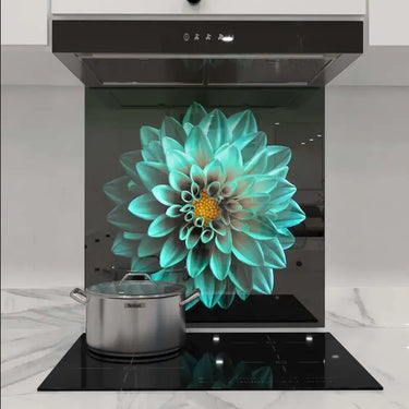 Turquoise Dahlia Printed Glass Splashback - DIY - CreoGlass®
