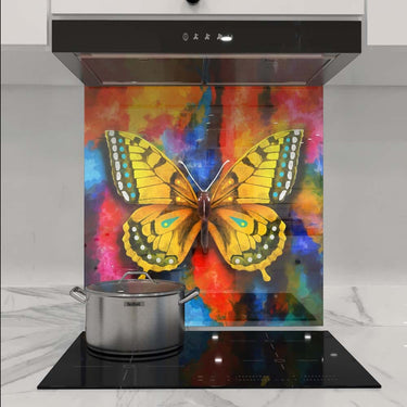 Vibrant butterfly print glass splashback in modern kitchen with induction hob