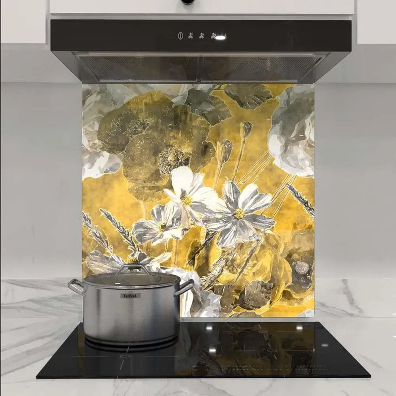 Bespoke floral glass splashback with gold and white design in modern kitchen