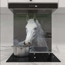 Bespoke decorative glass splashback with white horse print in modern kitchen, featuring LED backlit design