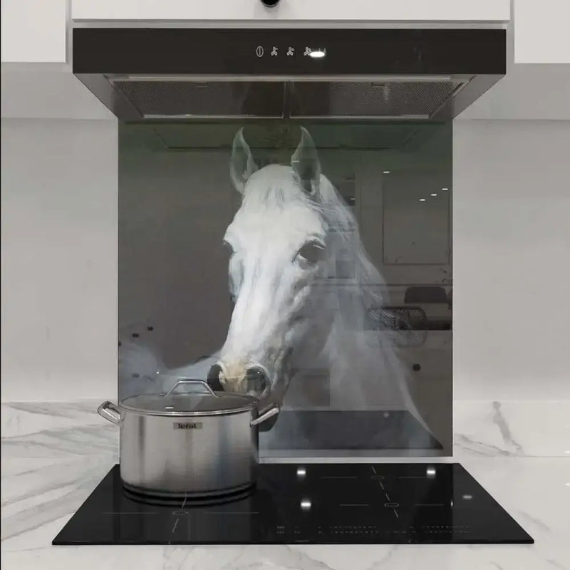 Bespoke decorative glass splashback with white horse print in modern kitchen, featuring LED backlit design