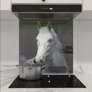 Bespoke decorative glass splashback with white horse print in modern kitchen, featuring LED backlit design
