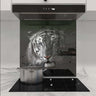 Bespoke kitchen splashback with tiger print design, modern glass panel for luxury home decor