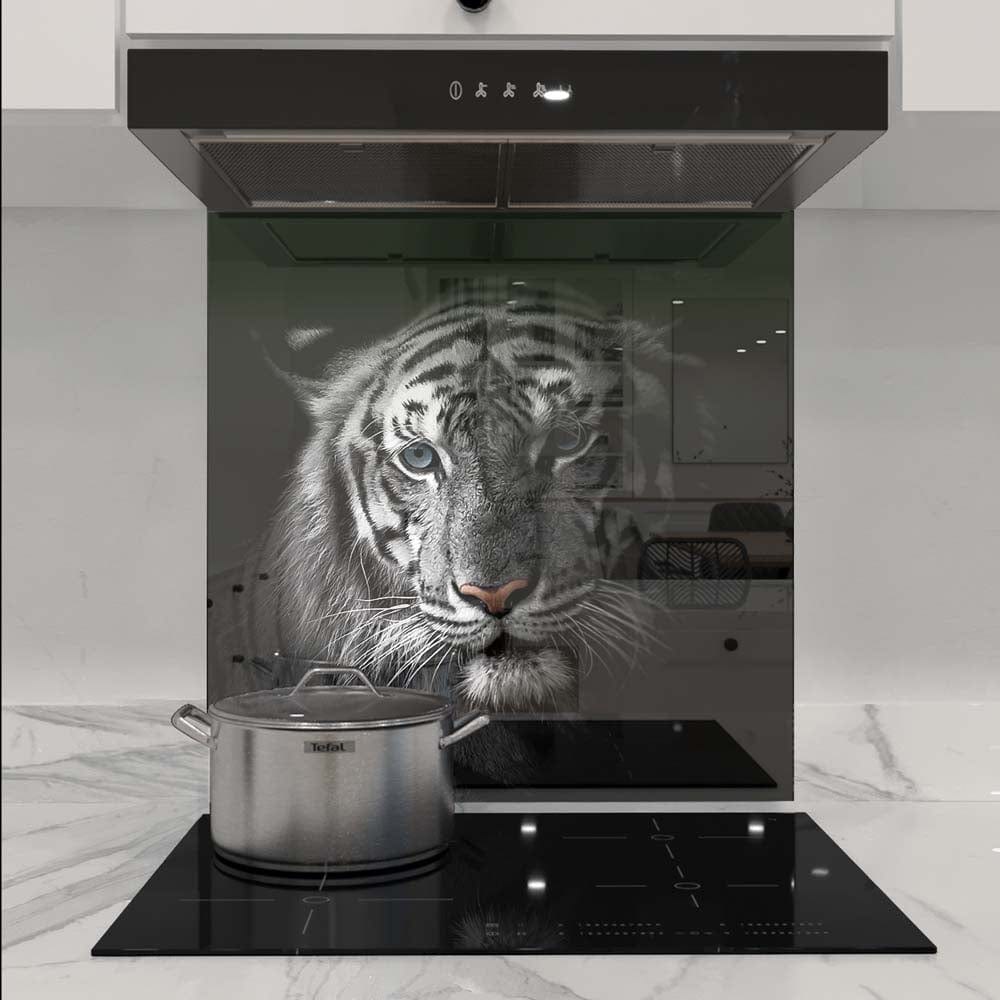 Bespoke kitchen splashback with tiger print design, modern glass panel for luxury home decor