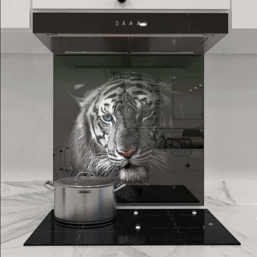 Bespoke kitchen splashback with tiger print design, modern glass panel for luxury home decor
