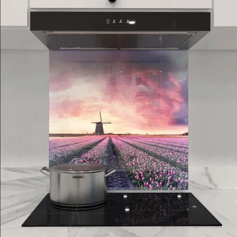 Bespoke printed glass kitchen splashback with tulip field and windmill design, modern luxury home decor