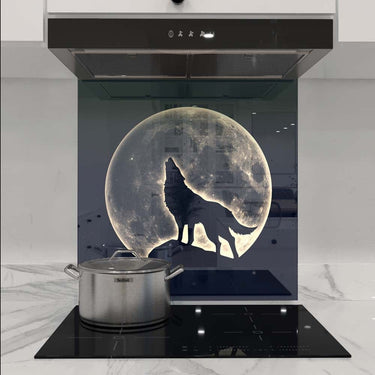 Bespoke kitchen glass splashback with glowing moon and wolf silhouette, modern luxury design