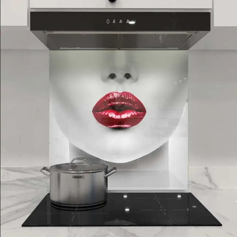 Bespoke kitchen splashback with bold red lips design, modern glass feature for luxury interiors