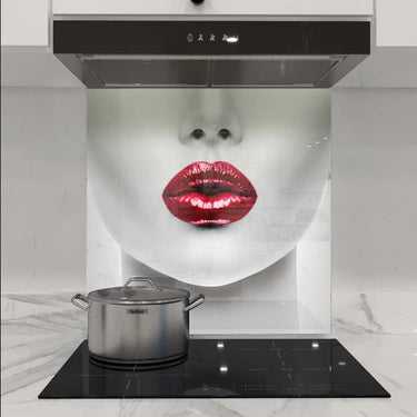 Bespoke kitchen splashback with bold red lips design, modern glass feature for luxury interiors