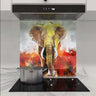 Bespoke glass kitchen splashback with vibrant elephant artwork, modern luxury decor