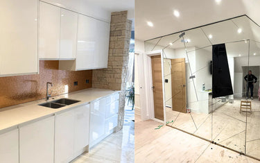 Bespoke copper glass splashback in modern kitchen and geometric feature mirror in luxury home interior