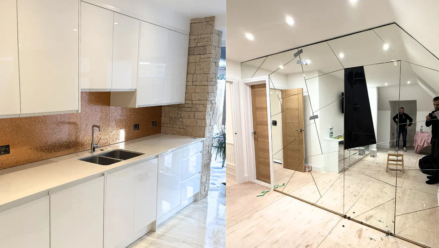 Bespoke copper glass splashback in modern kitchen and geometric feature mirror in luxury home interior