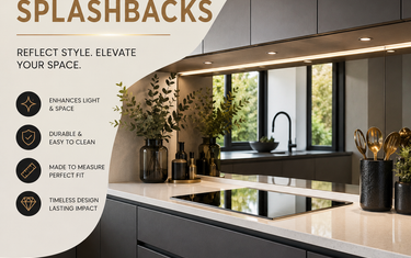 Modern kitchen with sleek mirror splashback reflecting light, enhancing space and style for luxury interiors.