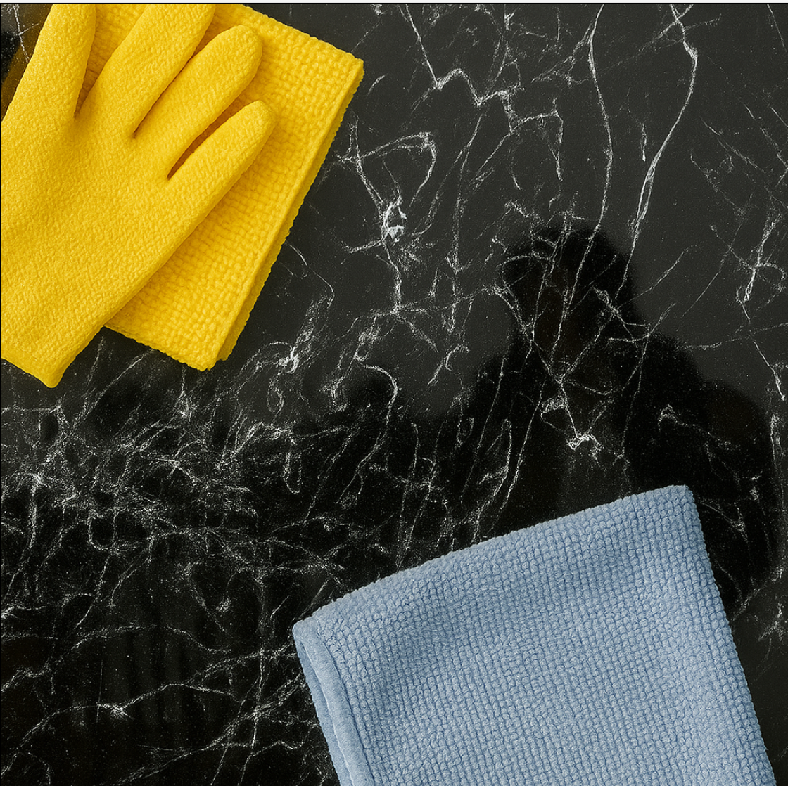 Yellow glove and blue microfiber cloth on black marble surface for cleaning glass surfaces