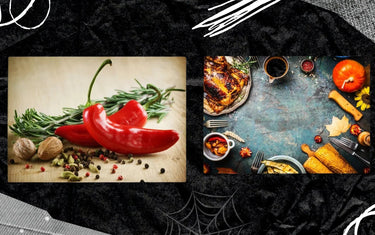 Bespoke kitchen glass splashbacks featuring vibrant red peppers, herbs, and autumnal roasted dishes for modern home design.