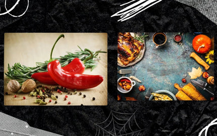 Red chili peppers, rosemary, spices on wood; roasted chicken, pumpkin, corn on rustic table