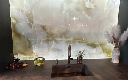 LED backlit glass kitchen splashback with marble effect, modern luxury interior design