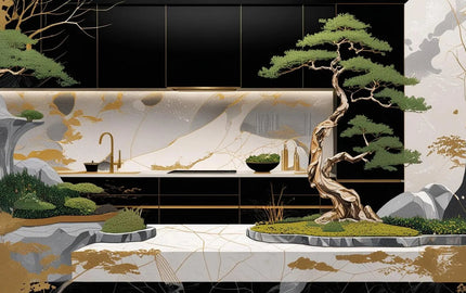 Luxury kitchen with bespoke decorative glass backsplash and golden bonsai art, featuring elegant black cabinetry and marble countertops.